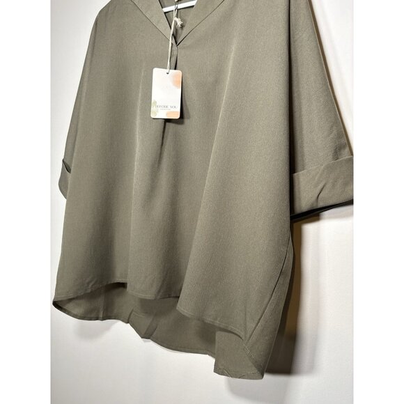 BEFORE YOU Short Sleeve V-Neck Collared Blouse Olive Green NWT Lagenlook Medium - Picture 3 of 6